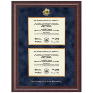 Double Diploma Frame, Presidential, Gold Engraved Medallion The Pennsylvania State University, Navy Suede Mat, Premier Molding, Chesnut Finish